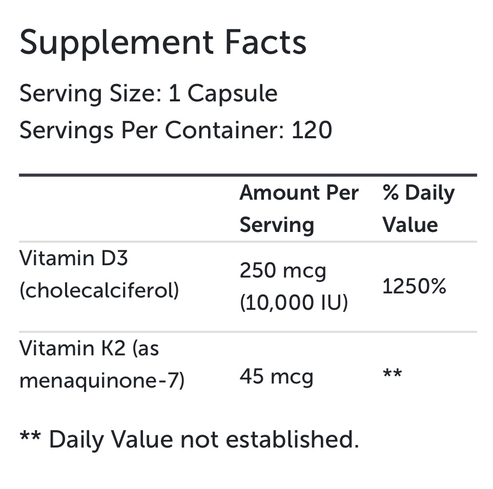 Vitamin K2-D3 Boost 10000 | Continuum Wellness Nutritional Facts