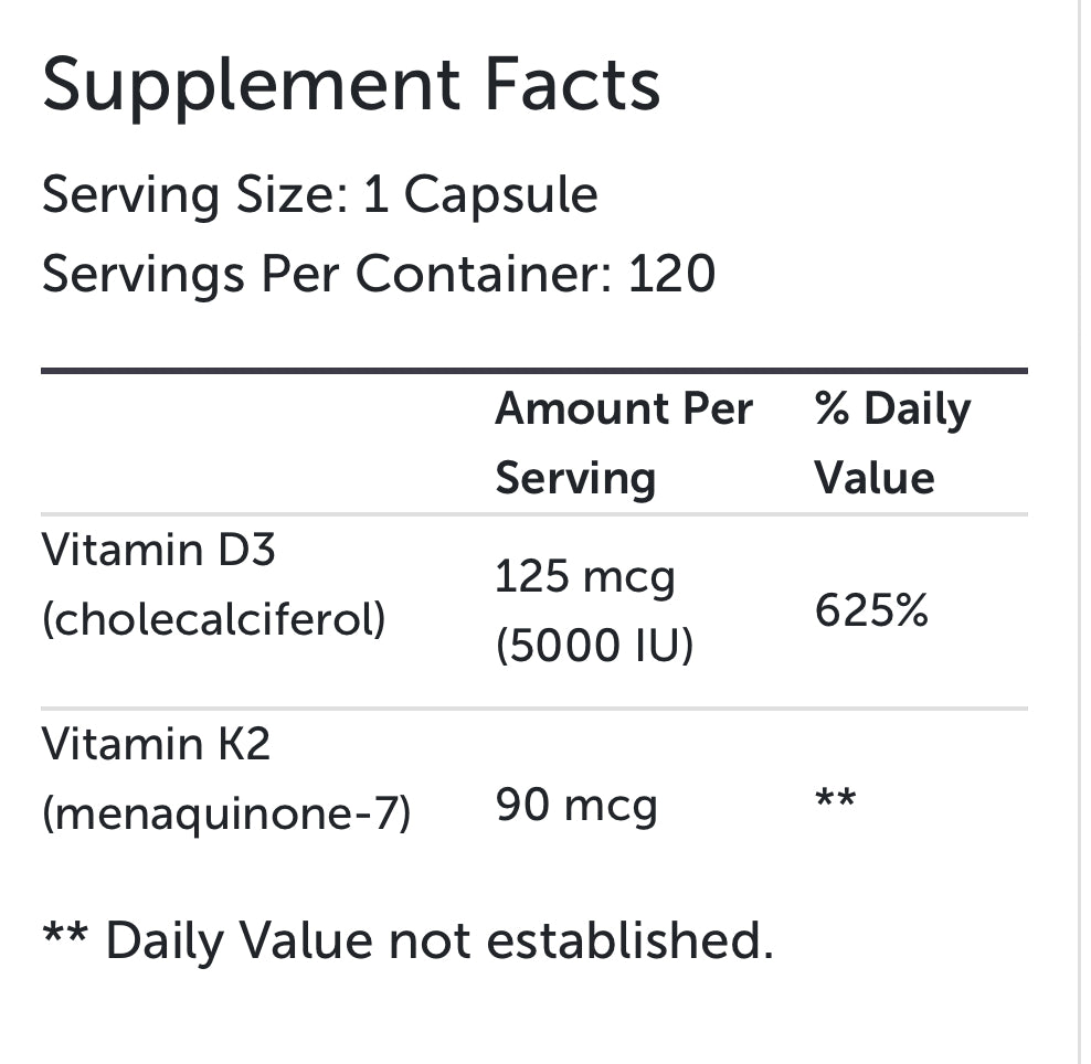 Vitamin K2-D3 Boost 5000 | Continuum Wellness Nutritional Facts