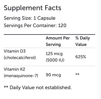 Vitamin K2-D3 Boost 5000 | Continuum Wellness Nutritional Facts